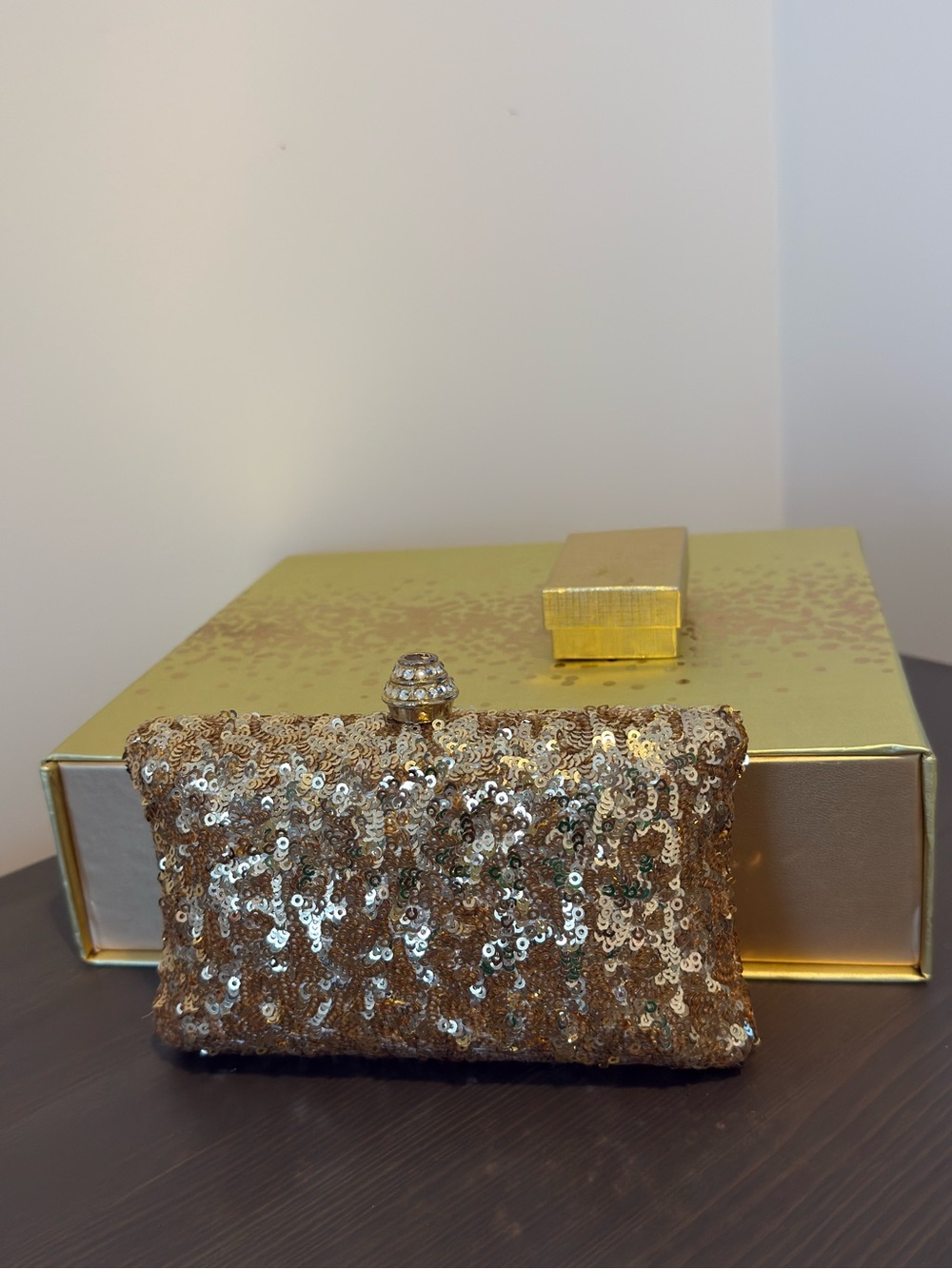 Gold Sequin Evening Clutch with Jeweled Closure